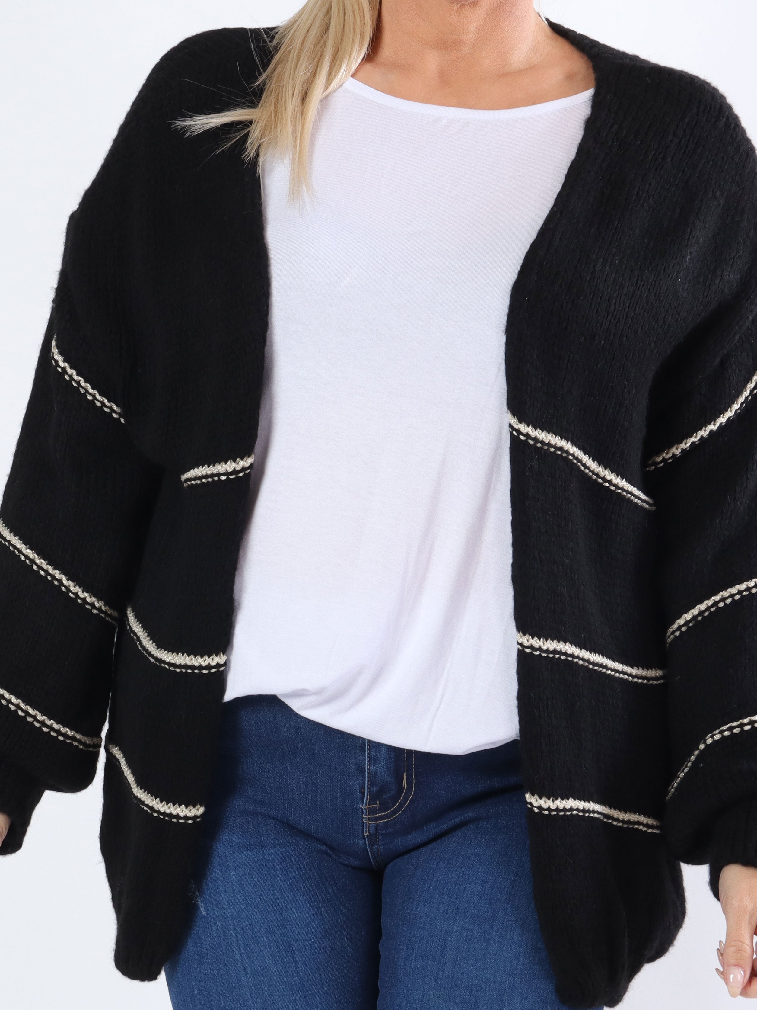 Yanira - Stickad plus size kofta med guldfärgade ränder - Rose